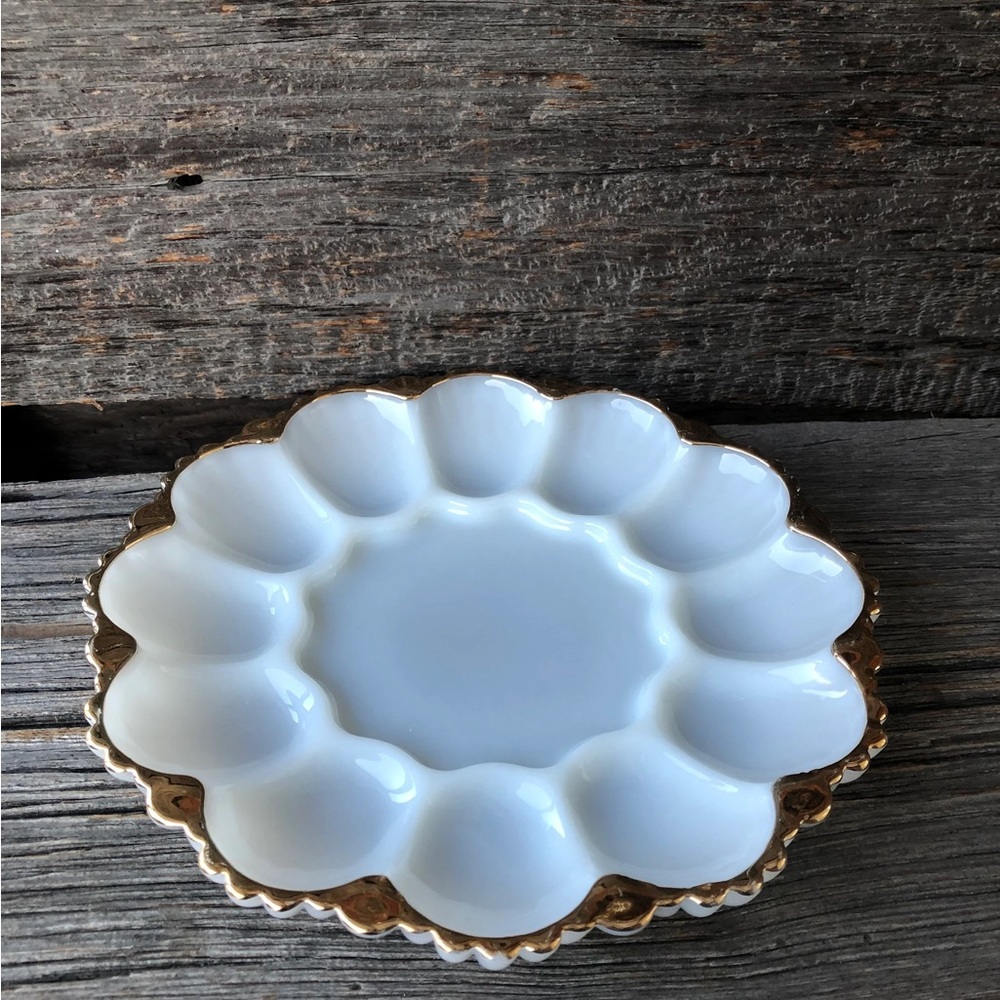 Milk Glass vintage Egg dish Fire-King Anchor Hocking deviled egg plate gold trim - Picture 2 of 11